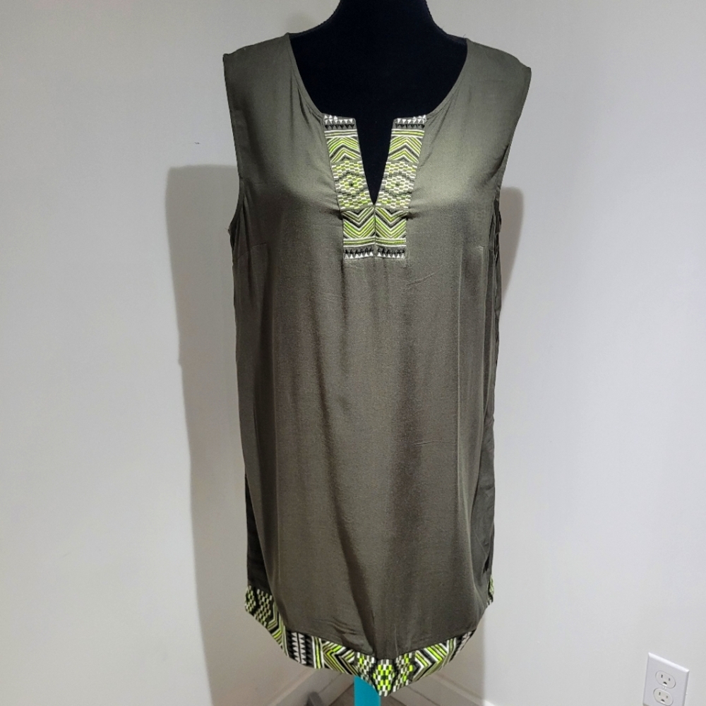 Apt 9 Women's Green Sleeveless Aztec Embroidered Boho Tunic Dress Large NWT
